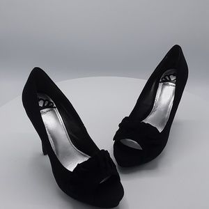 Fergalicious Black Suede Ruffle Platform Heels